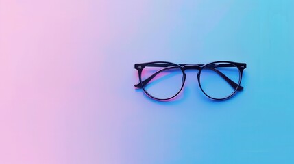 Fototapete - Black eyeglasses with clear lenses on a blue and pink gradient background. Generative AI