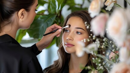 A beauty expert applying makeup on a client, showcasing professional beauty services