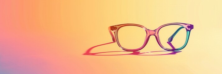 Leinwandbilder - A pair of colorful eyeglasses with a rainbow gradient frame sits on a yellow and orange background. Generative AI
