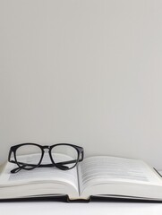 Aufkleber - A black-framed pair of reading glasses sits atop an open book, the pages spread out against a white background. Generative AI