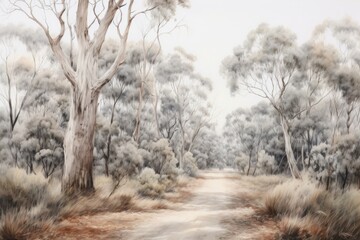 Canvas Print - Eucalyptus forest path painting drawing landscape.