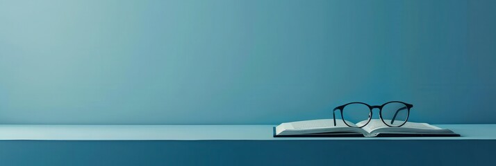 Aufkleber - A book lies open on a shelf, with a pair of glasses resting on top. The background is a light blue wall. Generative AI
