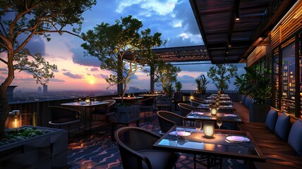 Wall Mural - modern villa/restaurant/bar, with a beautiful view, large terrace with led lighting bar. Generated by AI