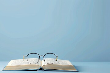 Poster - An open book rests on a blue surface with a pair of glasses lying on top of it. Generative AI