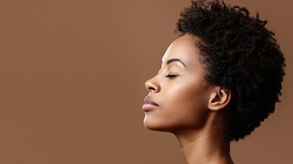 Wall Mural - Beautiful young Black African woman model posing in profile on brown background elegant portrait graceful pose diverse beauty profile shot refined aesthetic artistic photography