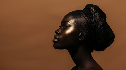 Wall Mural - Beautiful young Black African woman model posing in profile on brown background elegant portrait graceful pose diverse beauty profile shot refined aesthetic artistic photography