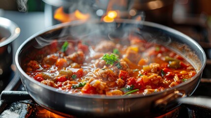 A pot of hot soup simmering on the stove