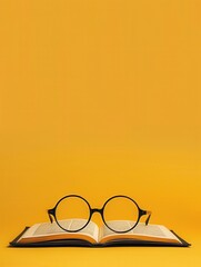 Aufkleber - A book lies open on a yellow background with round glasses resting on the pages. Generative AI