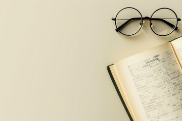 Aufkleber - A pair of black, round glasses lie atop an open book on a white table. Generative AI