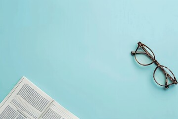 Aufkleber - A pair of tortoise shell eyeglasses lie on a light blue background, with a corner of a newspaper visible in the lower left corner. Generative AI