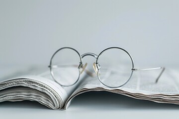 Fototapete - Round eyeglasses lie on an open newspaper, ready for reading. Generative AI