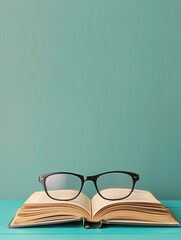 Fototapete - An open book with glasses resting on top of the pages sits on a teal tabletop. Generative AI