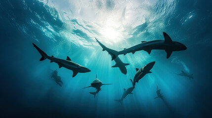 Canvas Print - Underwater view of a group of sharks swimming with sunlight filtering through the water.