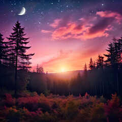 Poster - A breathtaking night sky unfolds over a serene forest, with a crescent moon, twinkling stars, and a vibrant sunset casting a warm glow on the autumnal landscape.