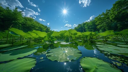 Wall Mural - sunny day in a lush green forest with a lotus pond