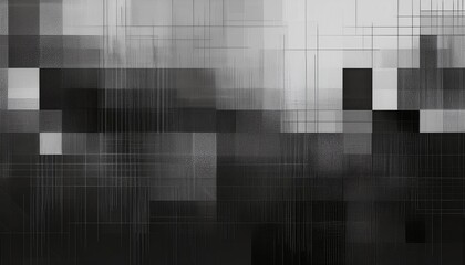 Wall Mural - Black and white abstract modern grunge or dirt technology squares overlay pattern texture background illustration fade out with copy space