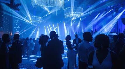 Guests at an award ceremony enjoy cocktails and the ambiance of the evening, with a stage bathed in blue spotlights in the background