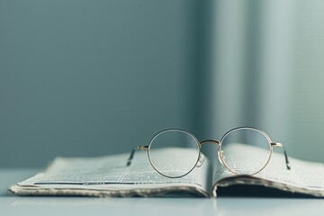 Fototapete - A pair of round eyeglasses rests on a newspaper, the pages folded open. Generative AI