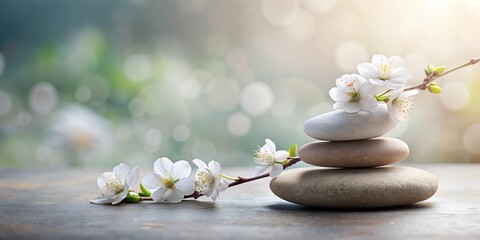 Calm zen stone balance with white flowers on a soft background Serene and peaceful atmosphere for relaxation and meditation AI G