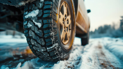 Wall Mural - Close-up of an off-road tire with deep tread partially covered in snow, on a vehicle driving or parked on a snow-covered road or trail.