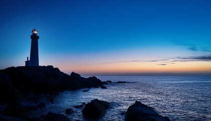 Wall Mural - Silhouette of a lighthouse on a rocky shore at dusk