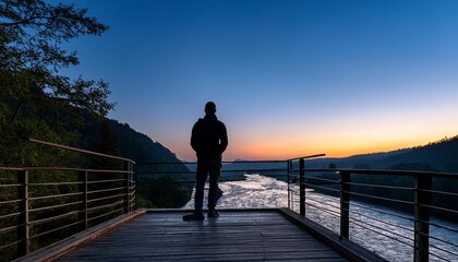 Wall Mural - Silhouette of a person standing on a bridge overlooking a river at dusk