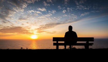 Wall Mural - Silhouette of a person sitting on a bench watching the sunset