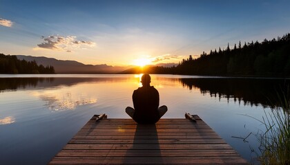 Wall Mural - Silhouette of a person sitting on a dock watching the sunset over a lake