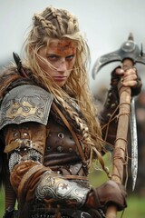 A woman with long blonde hair and a warrior outfit is holding a sword