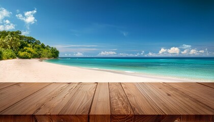 Wall Mural - Wooden table top for product placement in front of beautiful tropical beach  Generative AI