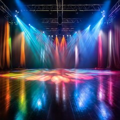 Sticker - A stage setup with multicolored lights casting reflections on the floor