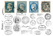 © Anja Kaiser - set of vintage and antique French postage design elements, run stamps and postmarks isolated over a transparent background, retro Paris or letter writing / correspondence design elements
