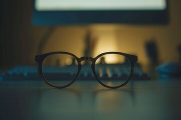 Leinwandbilder - Black eyeglasses rest on a desk with a computer monitor in the background. Generative AI