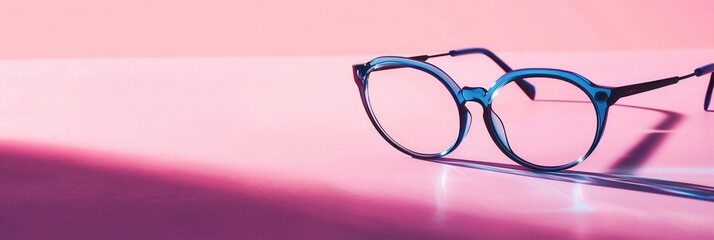 Leinwandbilder - Blue round glasses with clear lenses are laying on a pink surface. The glasses have a black bridge and arms. Generative AI