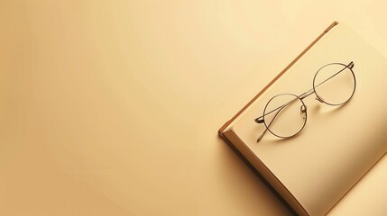 Fototapete - Round eyeglasses lay on an open, blank book on a tan surface. Generative AI