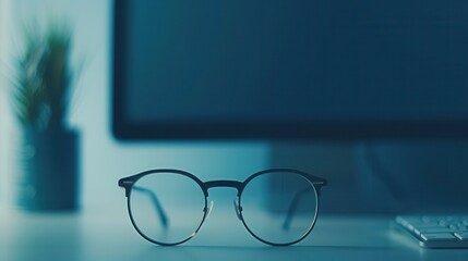 Aufkleber - A pair of black eyeglasses sit on a white desk in front of a computer screen, with a blurred plant in the background. Generative AI