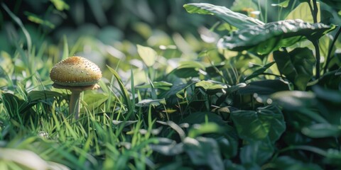 A mushroom emerging from the grass in a field.