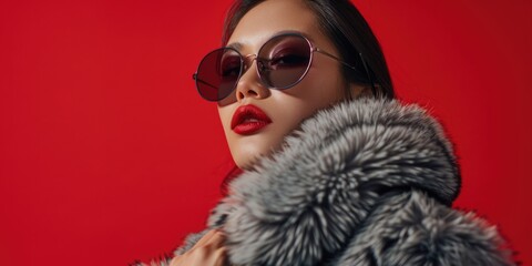 Canvas Print - A woman wearing sunglasses and red lipstick stands in front of a red background. She is wearing a fur coat and she is posing for a photo