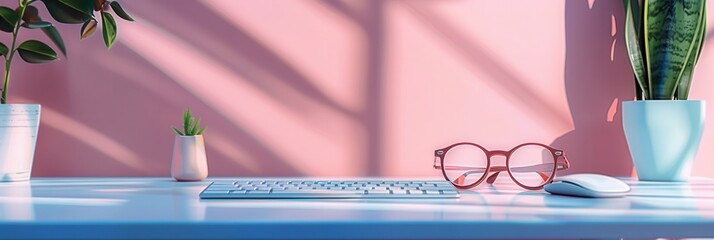 Aufkleber - A white keyboard, glasses, and mouse on a white desk in front of a pink wall with plants. Sunlight streams through the window casting shadows. Generative AI