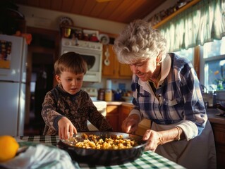 A heartwarming scene of an elderly woman teaching a young boy how to cook, with the focus on sharing culinary knowledge and family bonding.