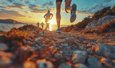 Wall Mural - close up legs runner group running on sunrise seaside trail