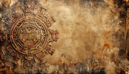 ancient aztec calendar carving on aged parchment background
