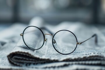Leinwandbilder - A pair of round eyeglasses rest on a folded newspaper, capturing the essence of reading and knowledge. Generative AI