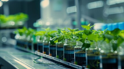 Poster - A close-up view of a conveyor belt with small green plants growing in jars.