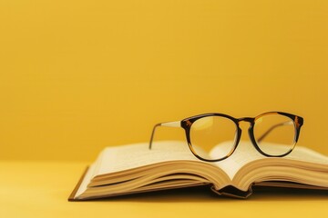 Fototapete - A book lies open on a yellow background with glasses resting on the pages. Generative AI