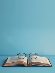 Fototapete - A book is open on a blue surface, with a pair of glasses resting on top. Generative AI