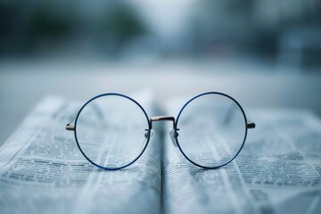 Fototapete - Round glasses with a thin gold frame lie open on a newspaper page, with the text blurred out of focus. Generative AI