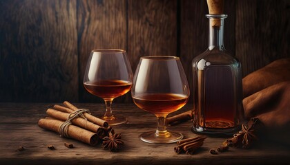 Bottle of wine, glass and cinnamon sticks on wooden background; glasses with cognac; dark wa (2)