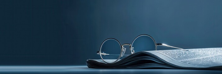 Aufkleber - Round glasses lie on an open book, positioned against a dark blue background. Generative AI