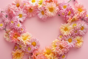 Wall Mural - heart-shaped wreath of pink and yellow daisies on a pastel background, top view